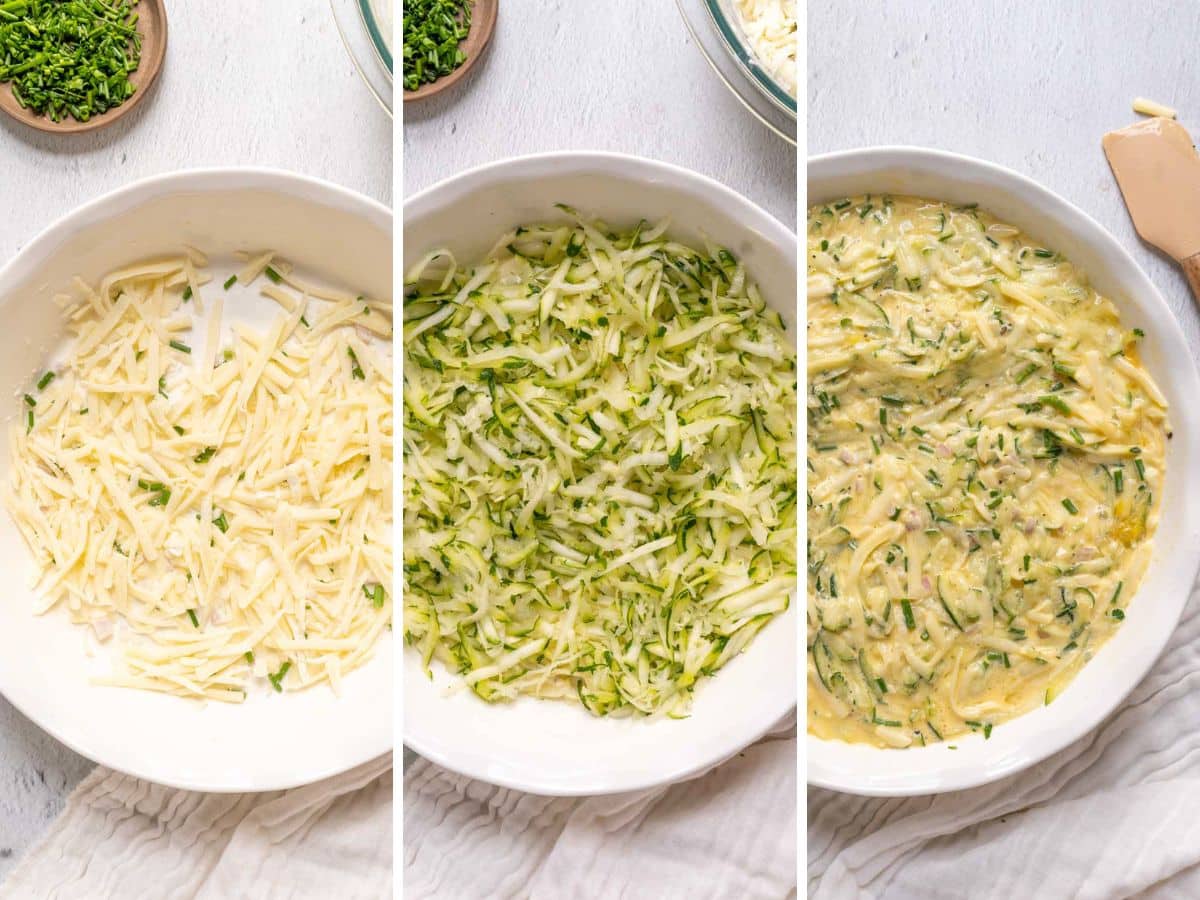 Three-panel image illustrating the steps to create a zucchini crustless quiche by mixing grated zucchini, cheese, and batter in a white bowl on a light surface.