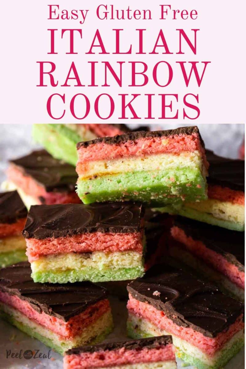 Italian layer rainbow cookies on a counter.