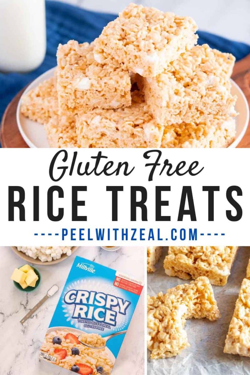 Stock of marshmallow rice krispy treats on a plate and recipe ingredients on a counter.