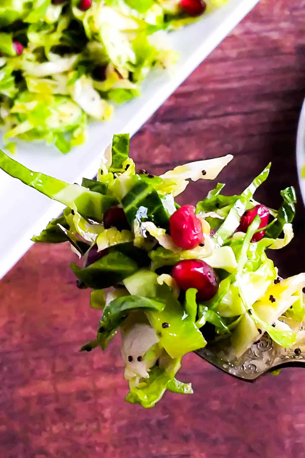 Bite of salad on a fork.