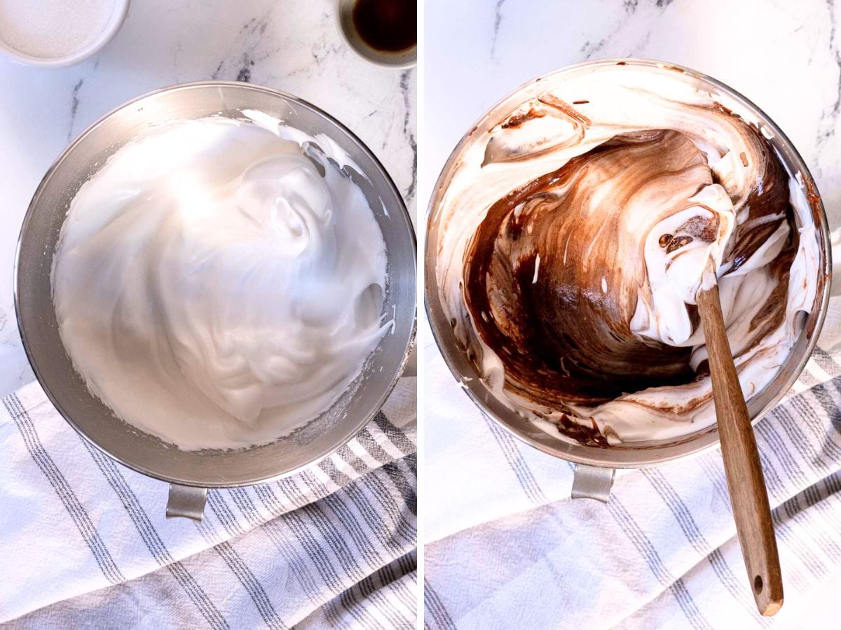 A side-by-side photo showing a metal mixing bowl of stiff, white whipped meringue on the left, and the same bowl on the right with chocolate being folded in for a chocolate souffle cake. Both bowls sit on a striped kitchen towel.