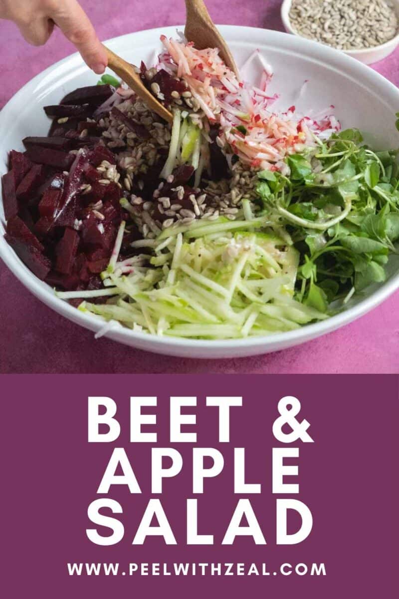 Tossing the beet salad in a serving bowl.