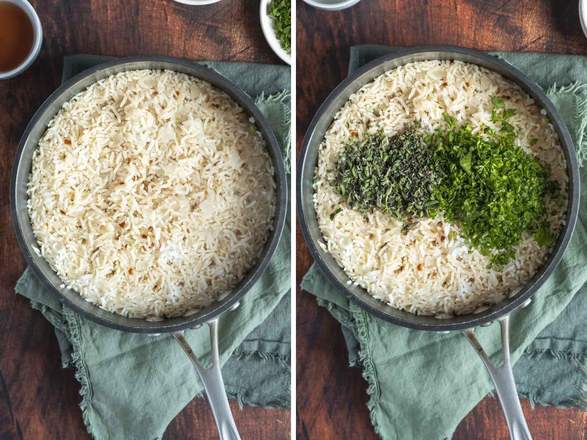 Two pans of cooked rice rest on a green cloth, with the second pan featuring a delightful chimichurri rice topped with fresh, chopped herbs.