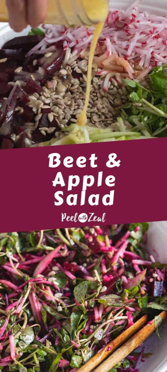 Person pouring dressing on a beet salad.