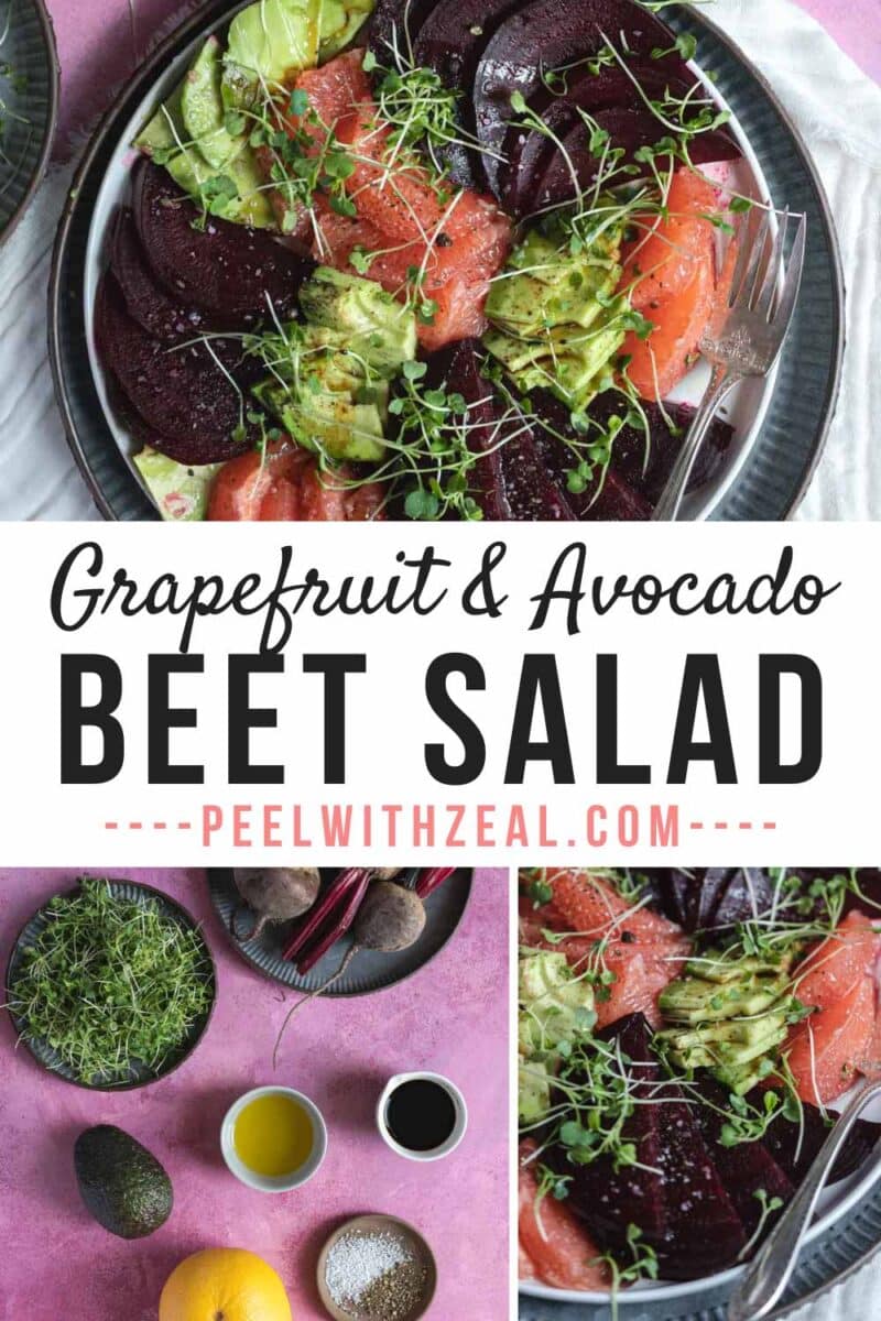 Beet salad on a plate and recipe ingredients on a counter.