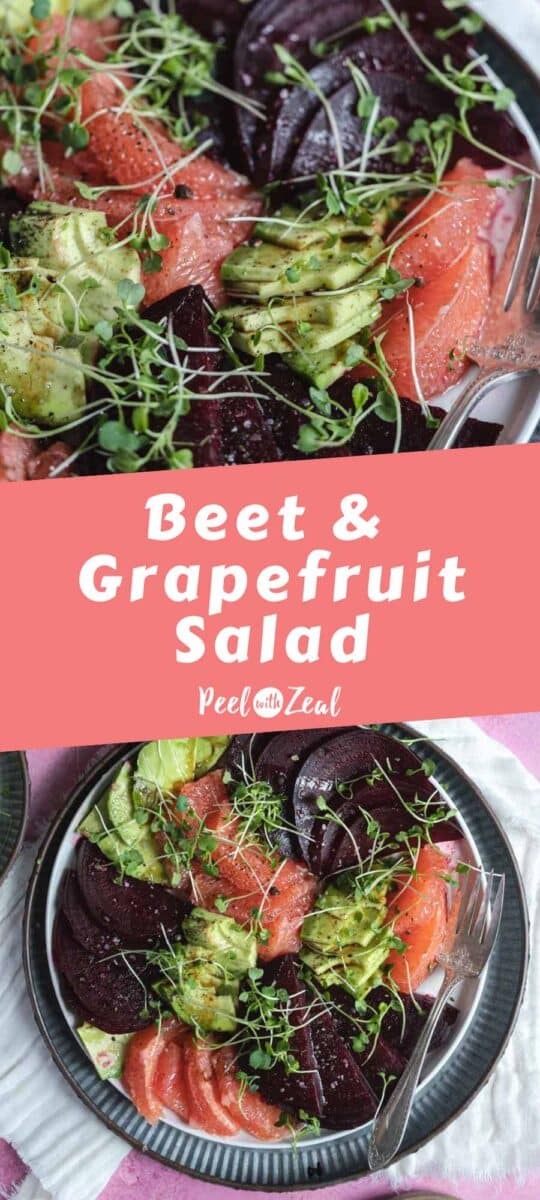 Beet salad on a plate with a fork.