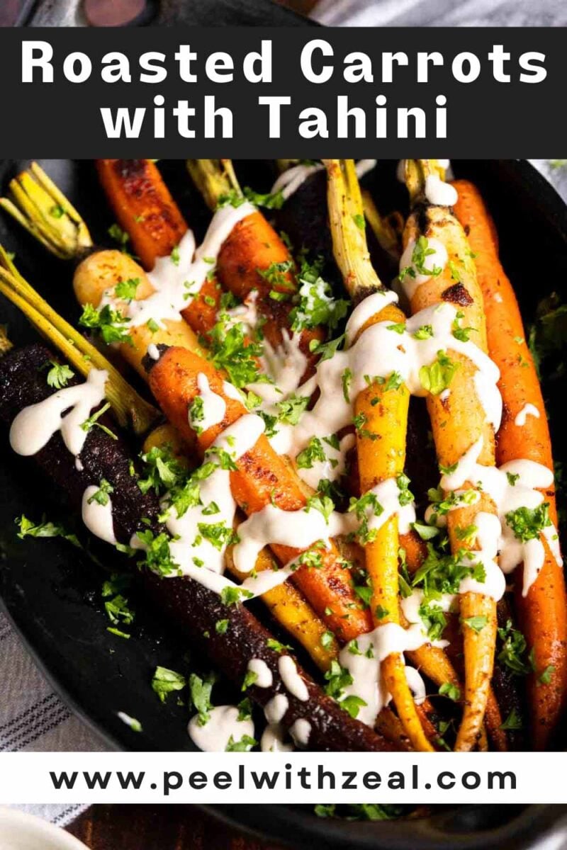 Roasted rainbow carrots in a baking dish.