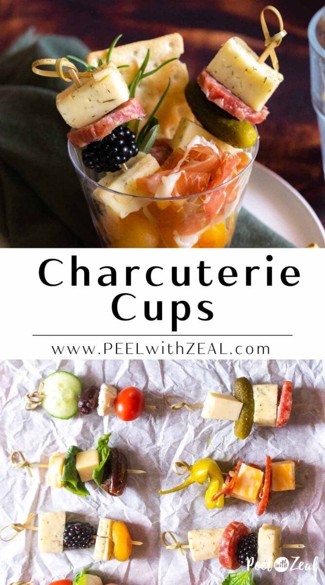 Charcuterie and cheese skewers in a cup.