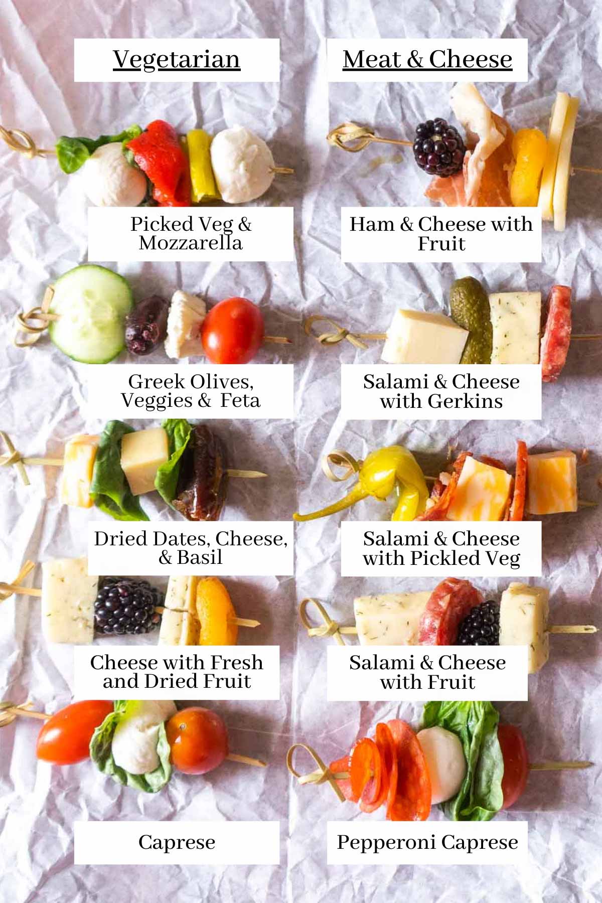 Charcuterie skewer ideas.