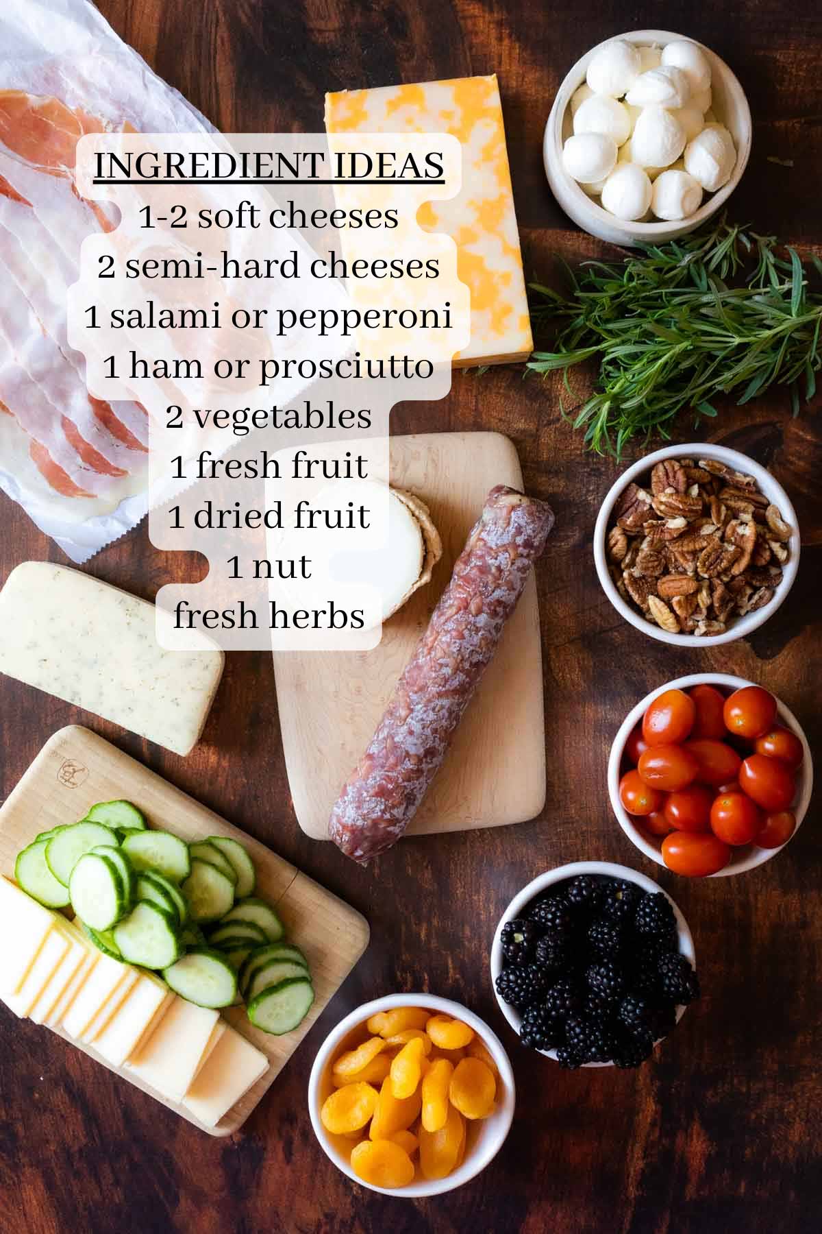 Ingredients for a grazing board on a cutting board.