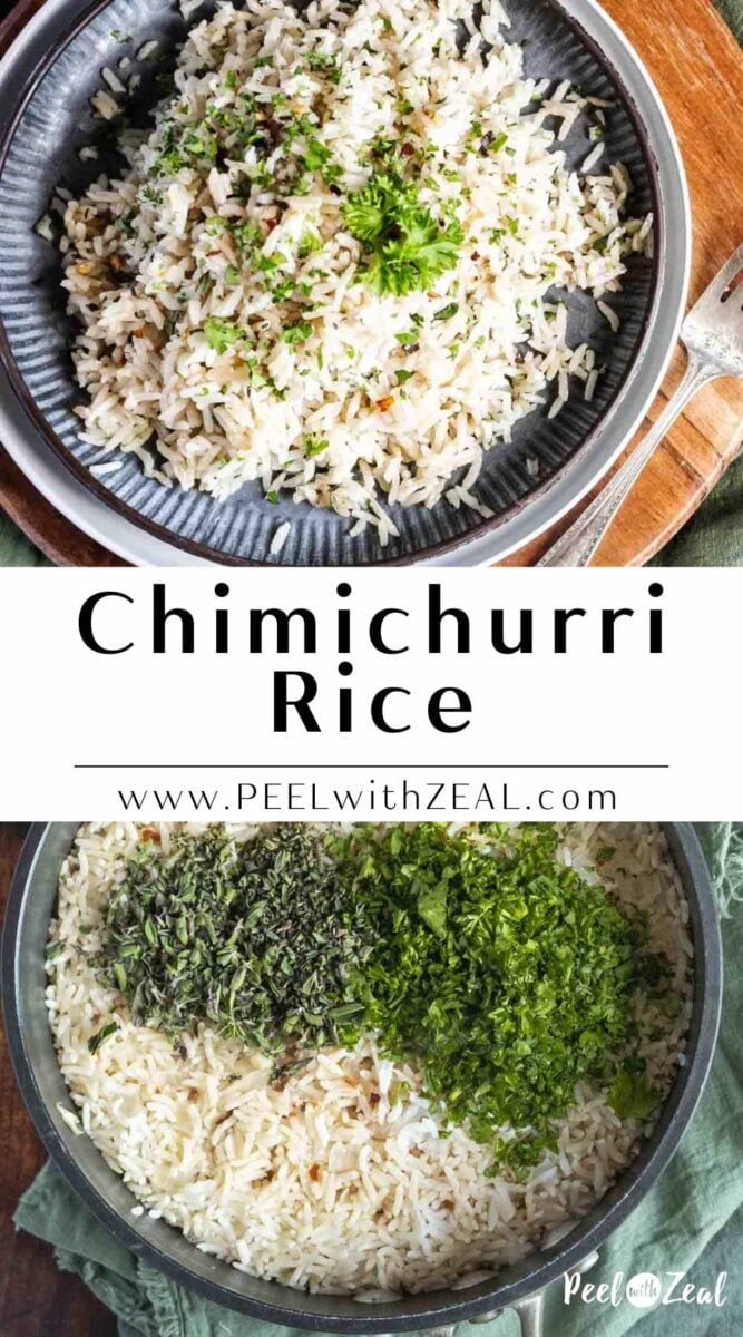 Rice with green herbs in a serving bowl.