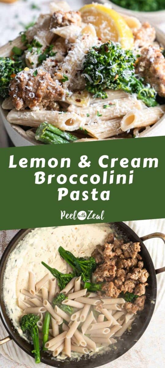 Sausage pasta with broccolini in a pan.
