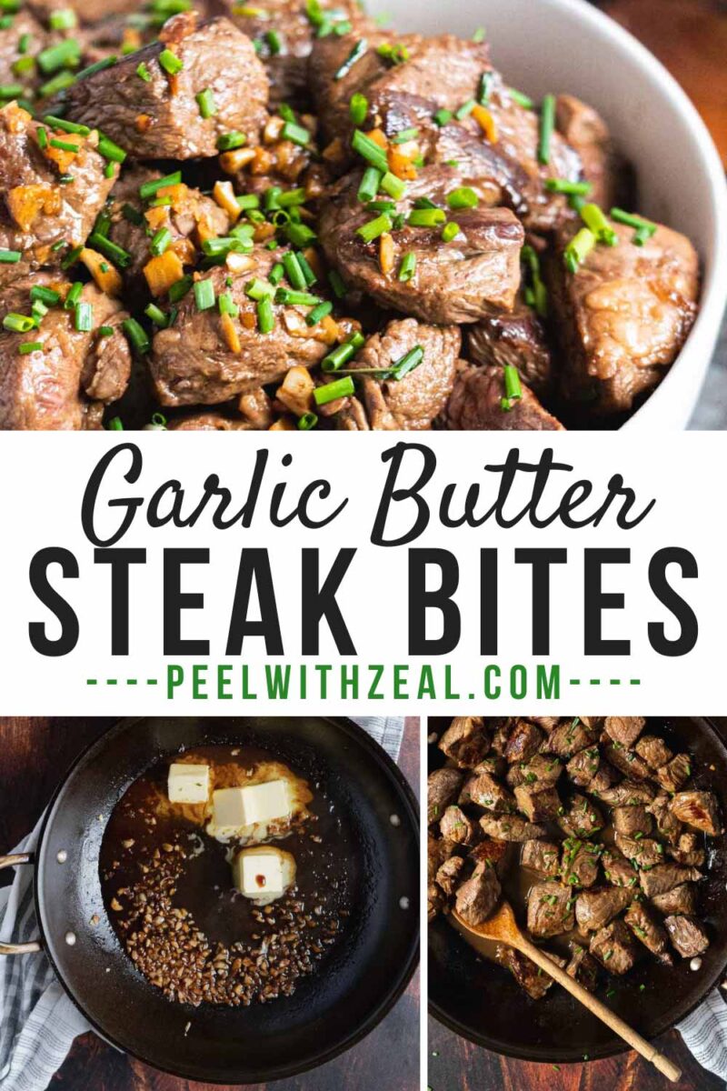 Steak bites with garlic and chives in a serving bowl.
