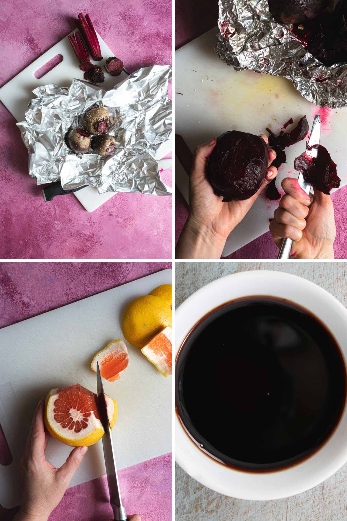 Person slicing beets and grapefruit.