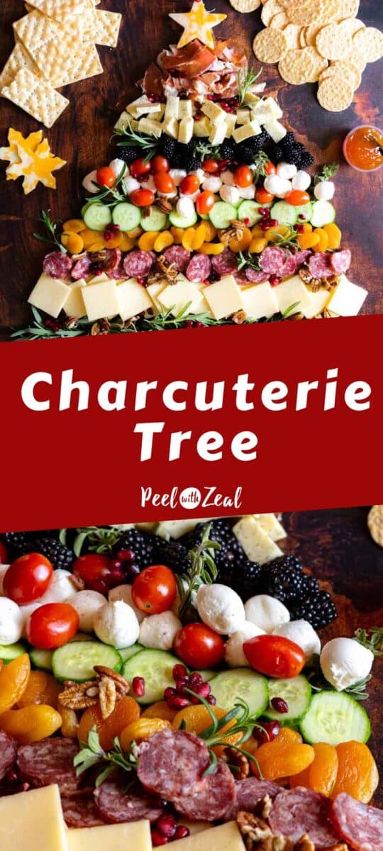 Christmas charcuterie board with meats and cheese.