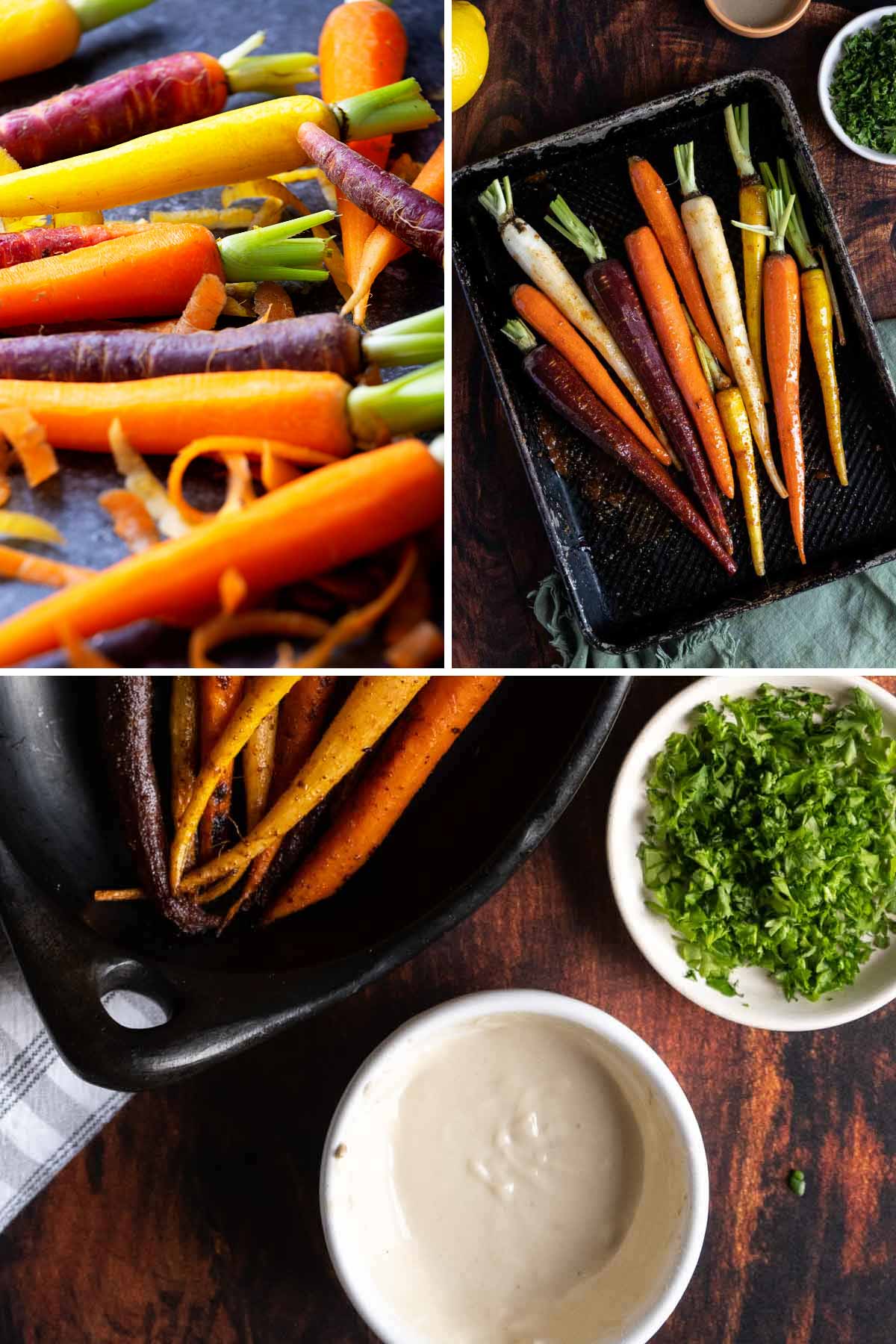Peeling carrots and arranging on sheet pan.