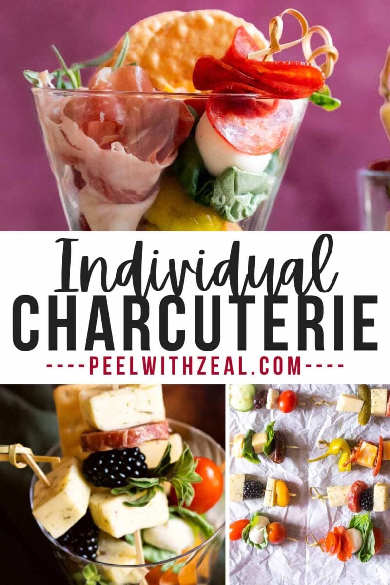 Indidivudal chacuterie skewers in a cup.