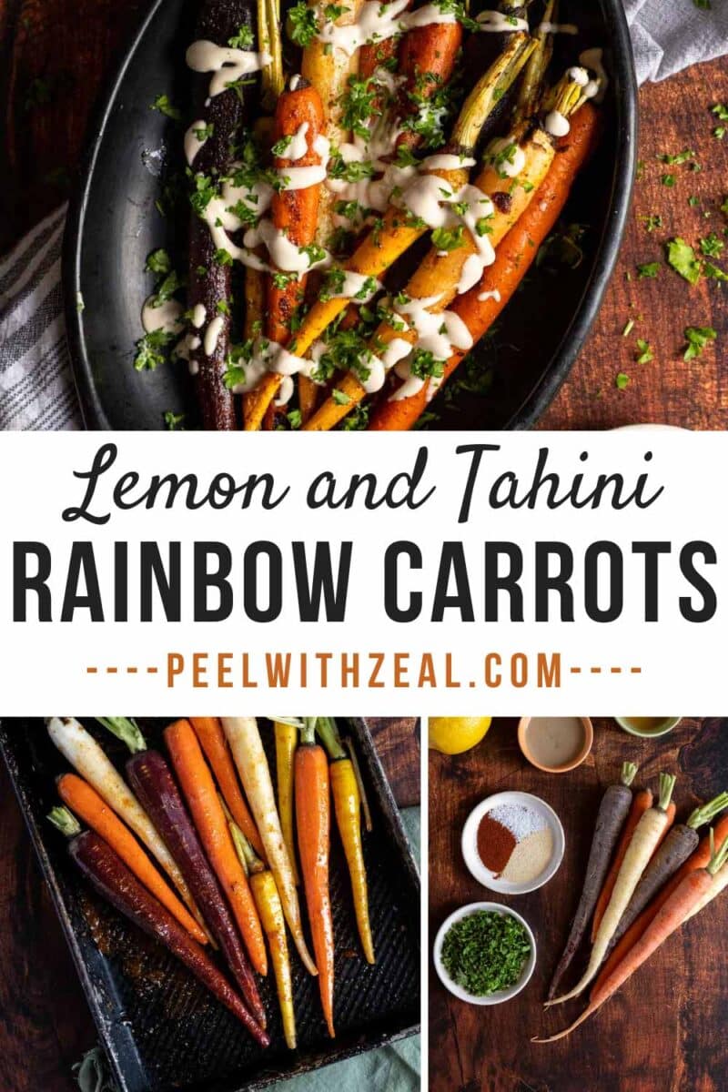 Roasted rainbow carrots in a baking dish.