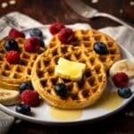 A plate with three oat flour waffles topped with a pat of butter, syrup, assorted berries, and banana slices sits beside a fork.