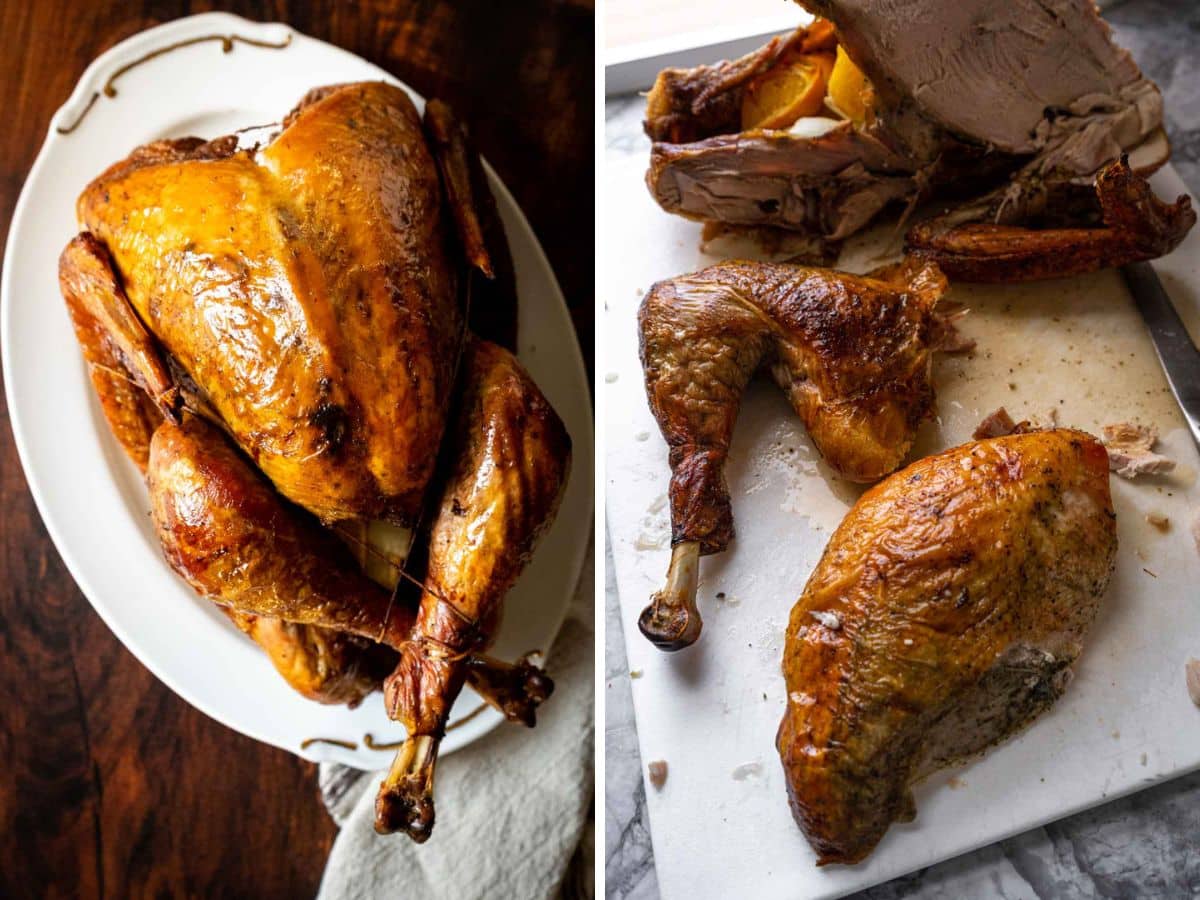 A whole roast turkey on a platter sits next to a cutting board with carved turkey pieces, including legs and a breast section.