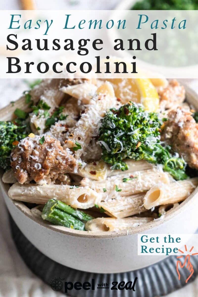 broccoli and sausage pasta in bowl.