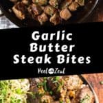 Steak bites with garlic and chives in a skillet.