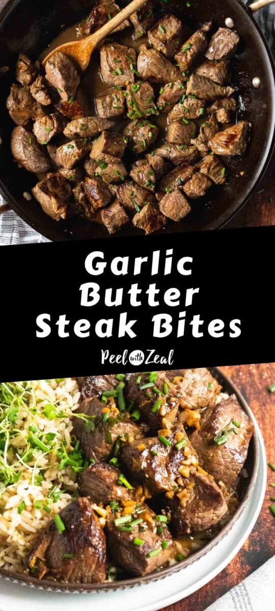 Steak bites with garlic and chives in a skillet.