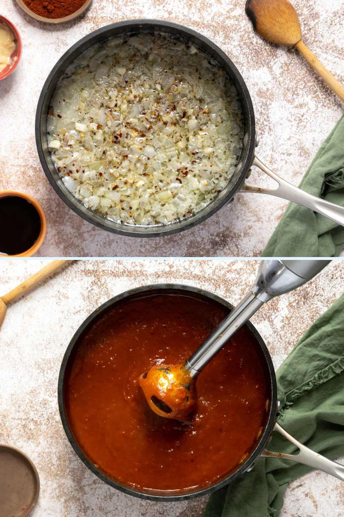 Cooking BBQ sauce and puree with immersion blender.