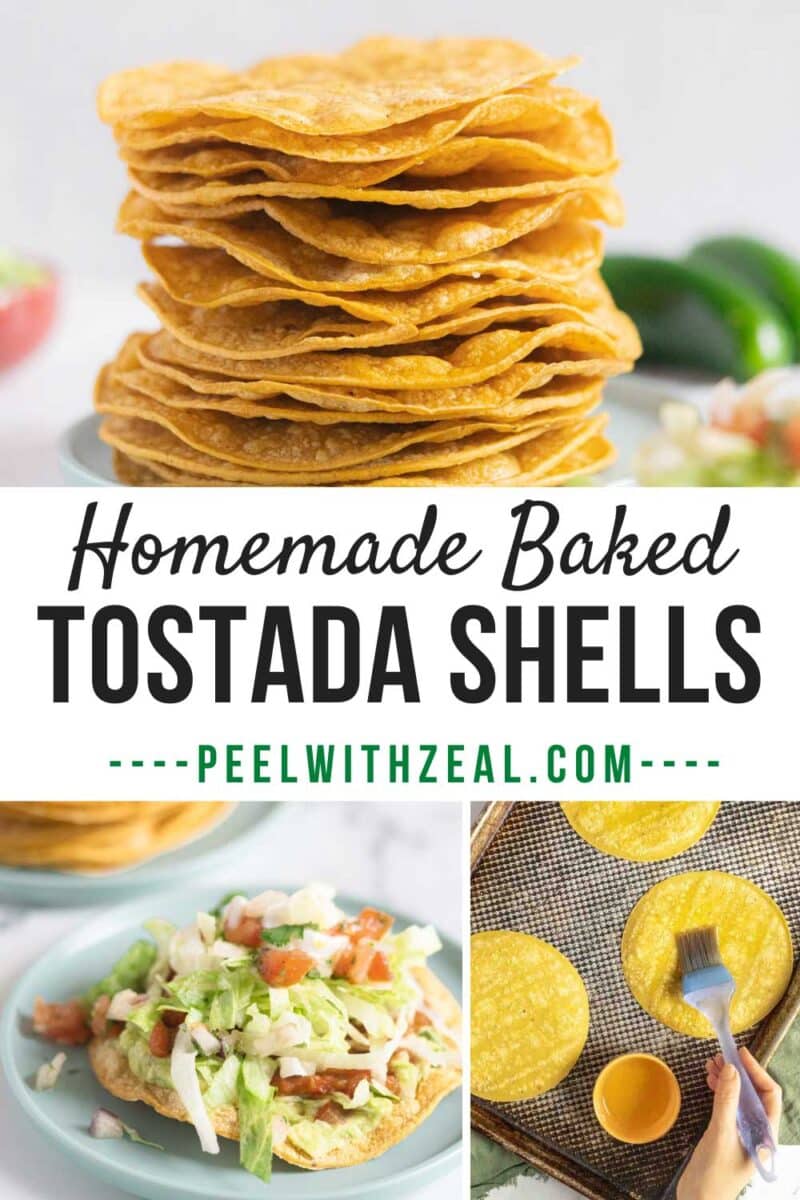 Tostada shells stacked on a plate and a tostada with toppings.