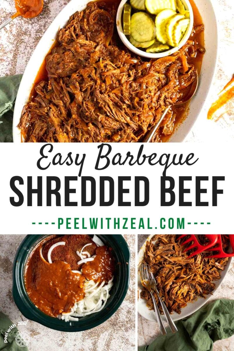 BBQ shredded beef on a serving platter with pickles.