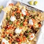 Beef nachos on a sheet pan.
