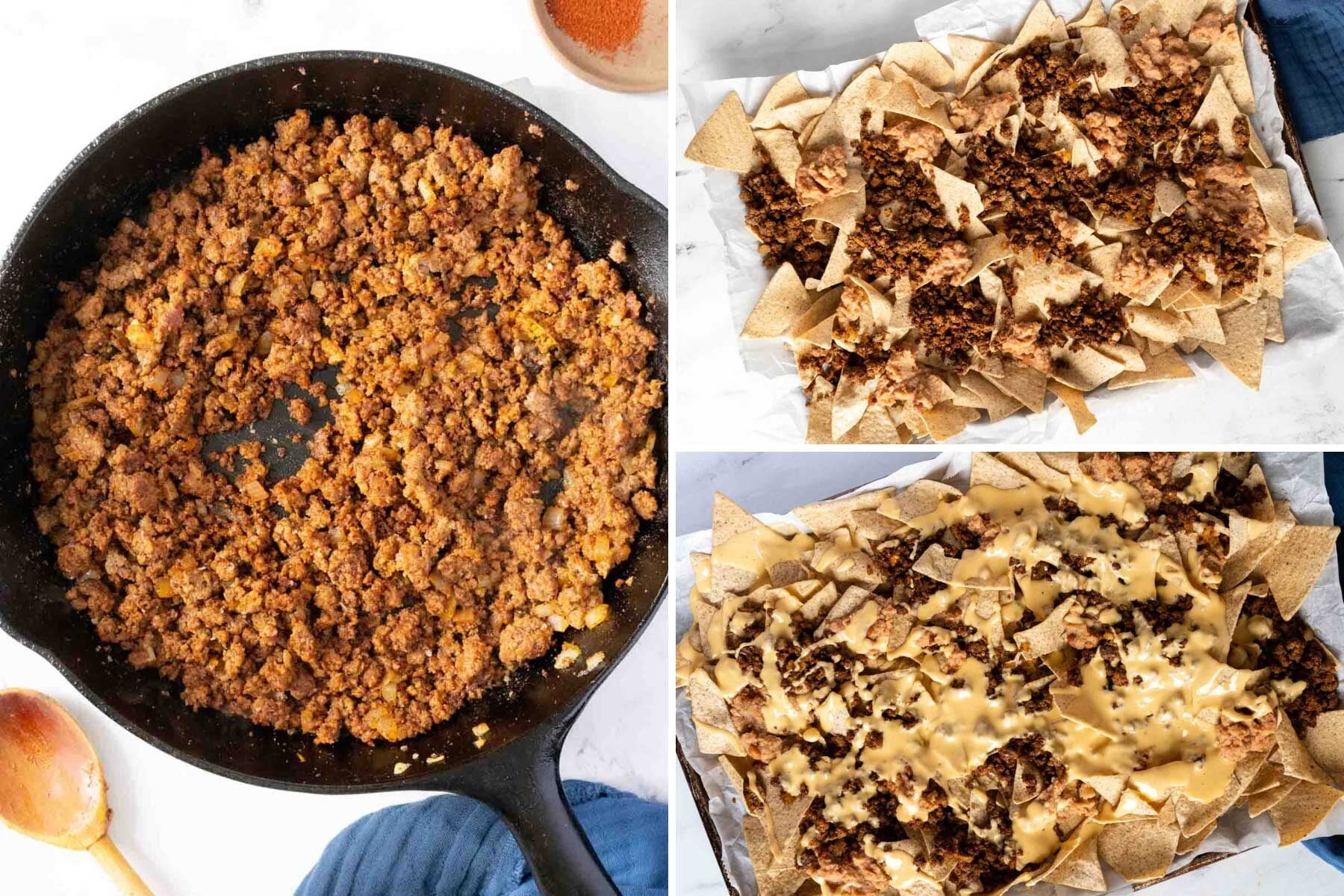 Layering the beef and beans on the tortilla chips.