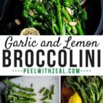 Broccolini in a cast iron pan with lemon slices and garlic.