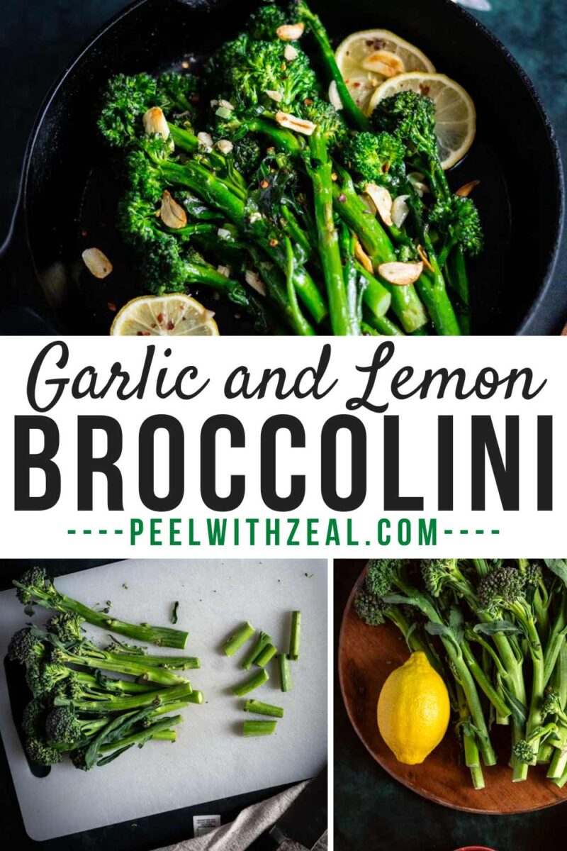 Broccolini in a cast iron pan with lemon slices and garlic.