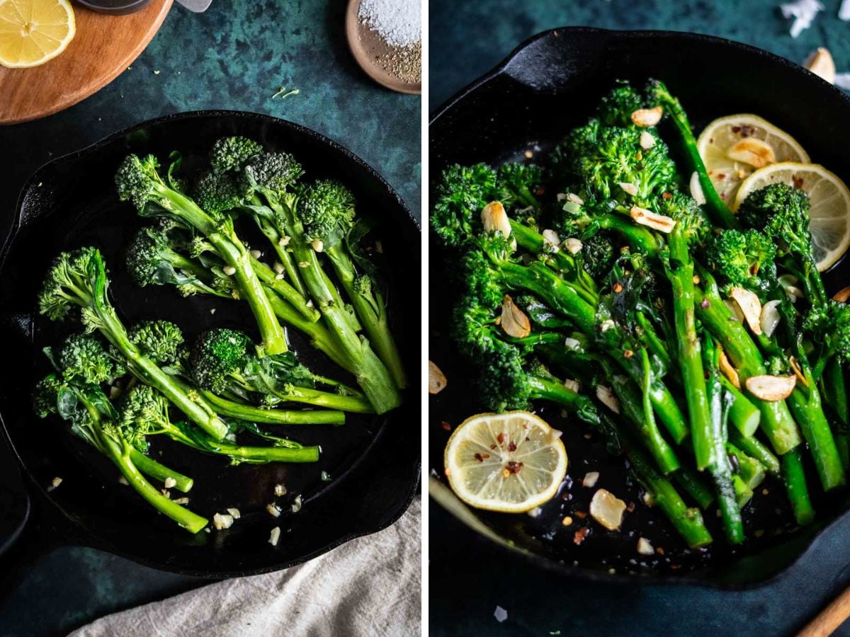 Two side-by-side images show sauteed broccolini and garlic cooking in a cast iron skillet. The left image shows broccolini with garlic, while the right image features it garnished with sliced garlic, lemon, and red pepper flakes.