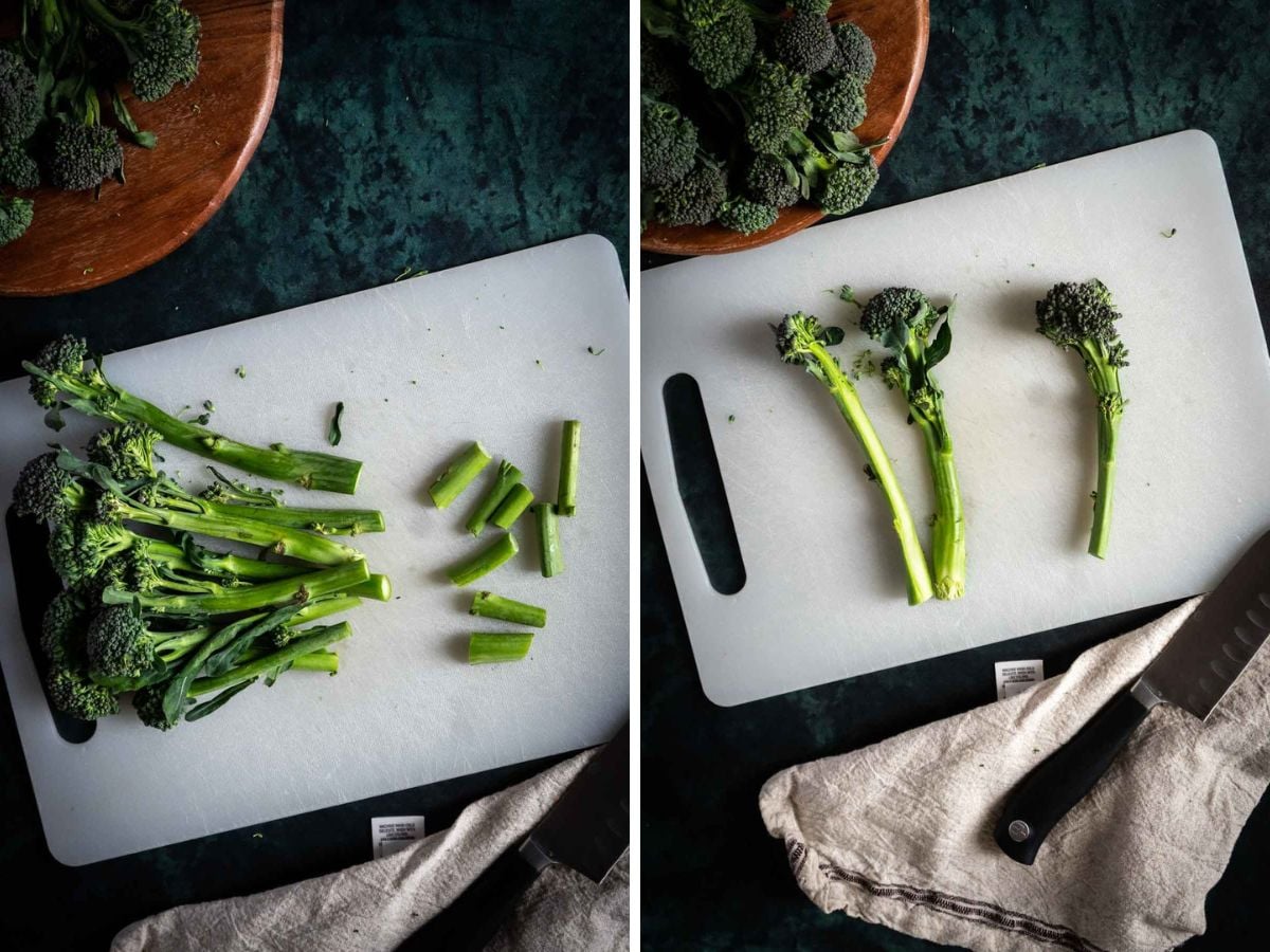 Two side-by-side images show a white cutting board on a dark green surface. On the left, broccolini stems are being cut for sauteed broccolini and garlic; on the right, three trimmed stalks rest beside a knife and towel.