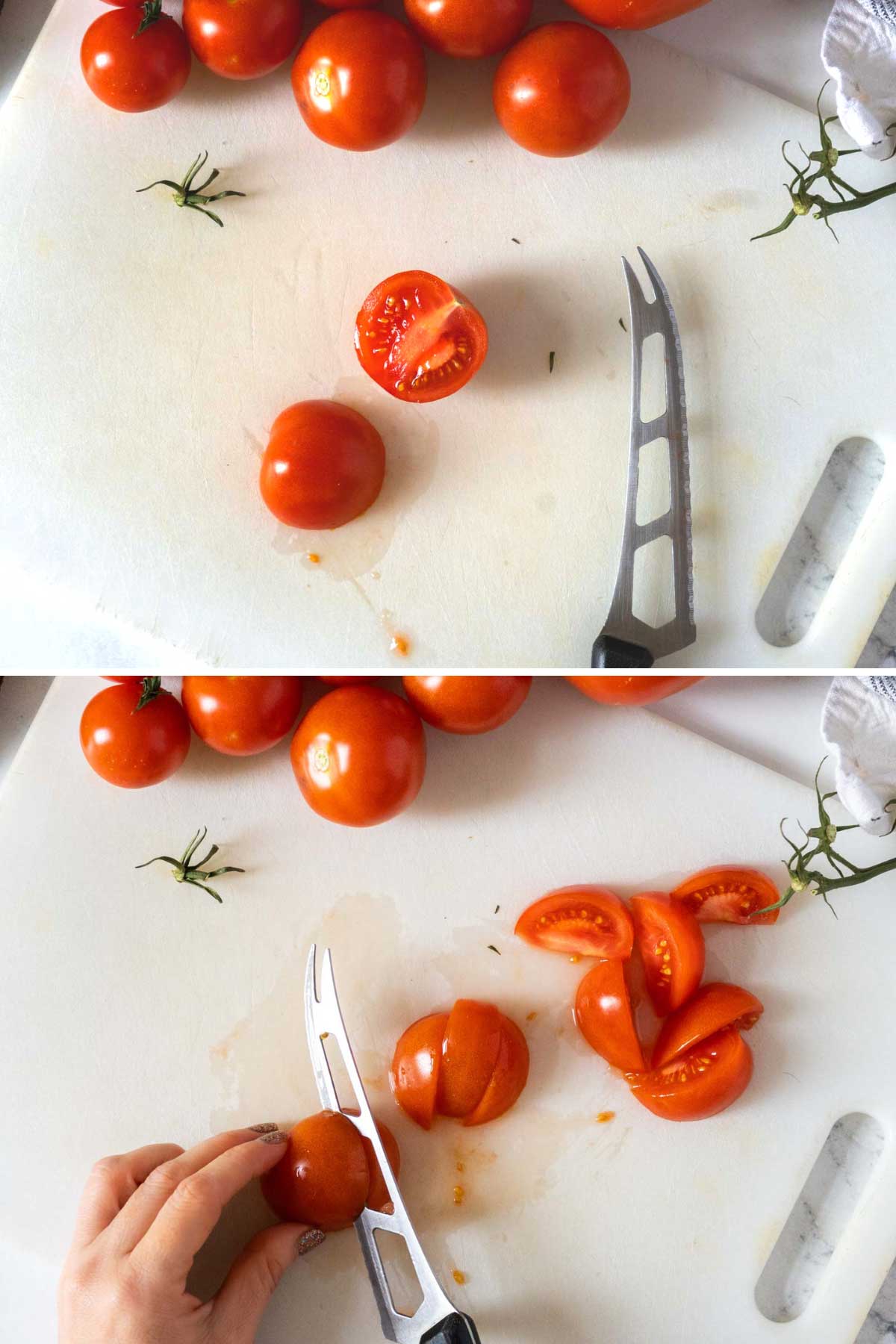 Cutting tomatoes into wedges.