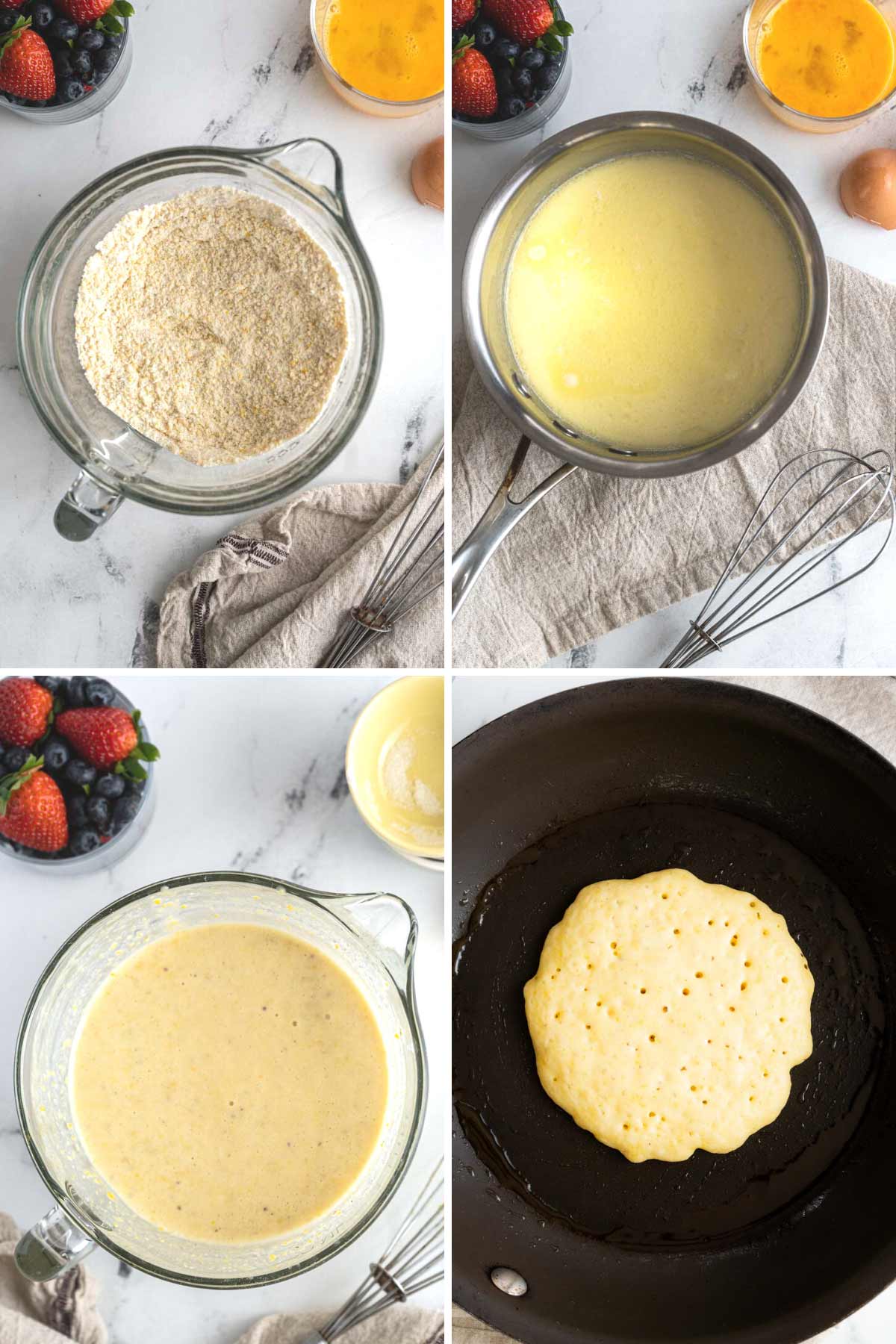 Pancake batter and making pancakes in a non stick pan.