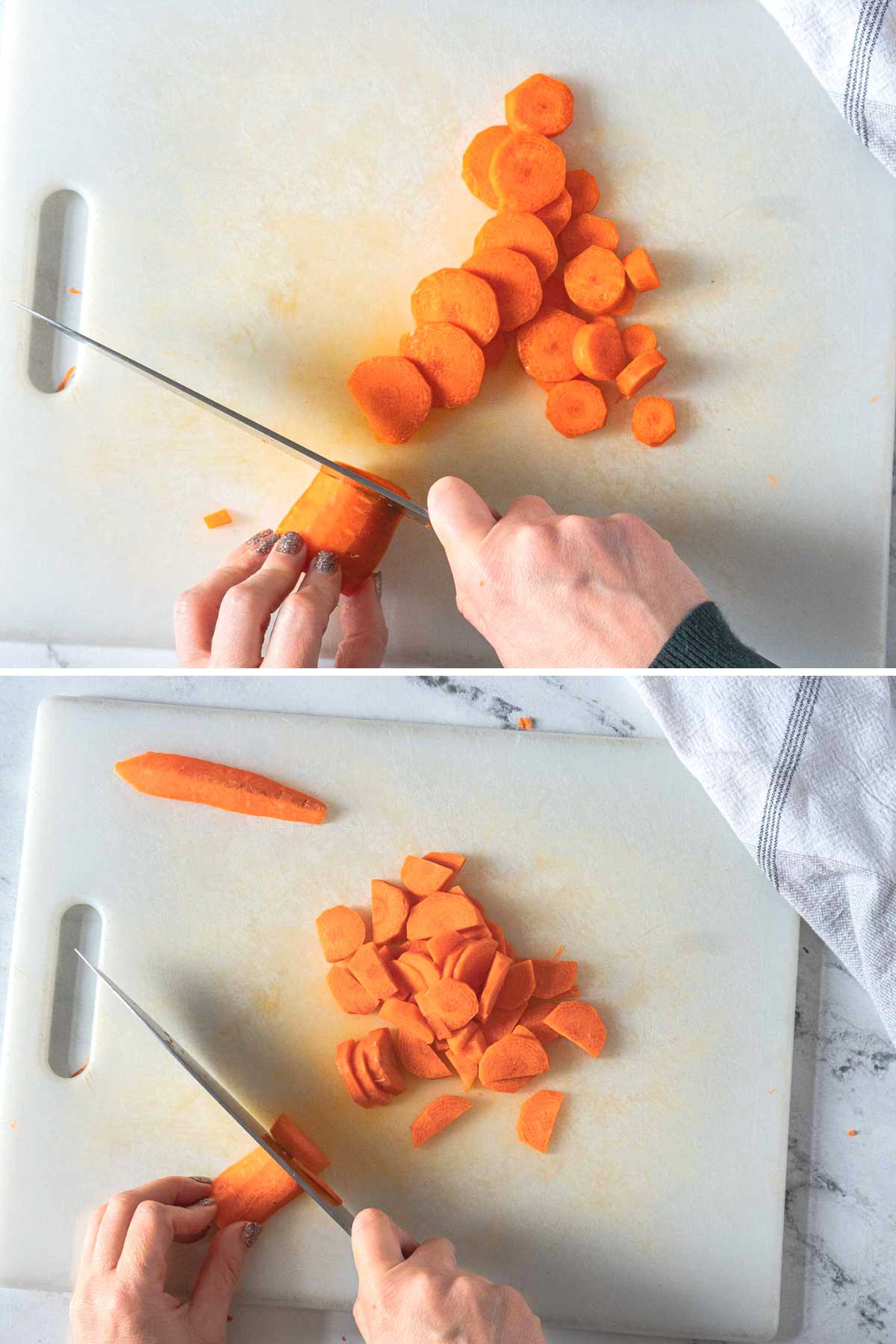 Carrots on cutting board cut into rounds and half moons.