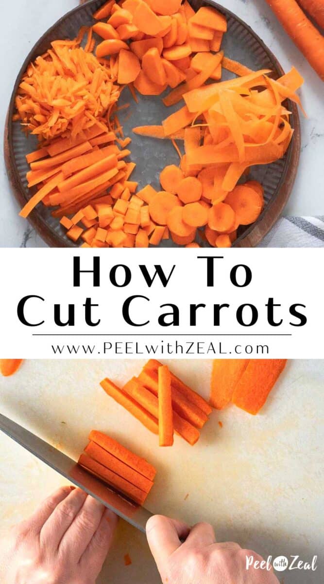 Carrots cut in different shapes on a plate, and a person chopping carrots into matchsticks.