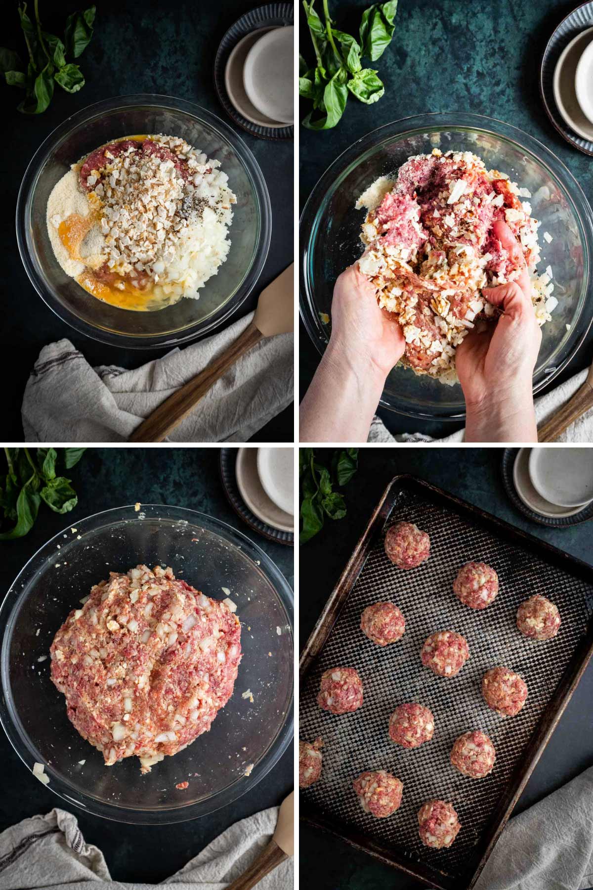 Assembling meatballs and rolling them out.