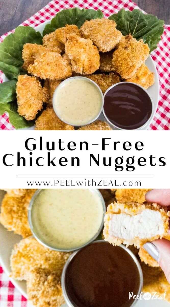 Chicken nuggets on a plate with dipping sauces.