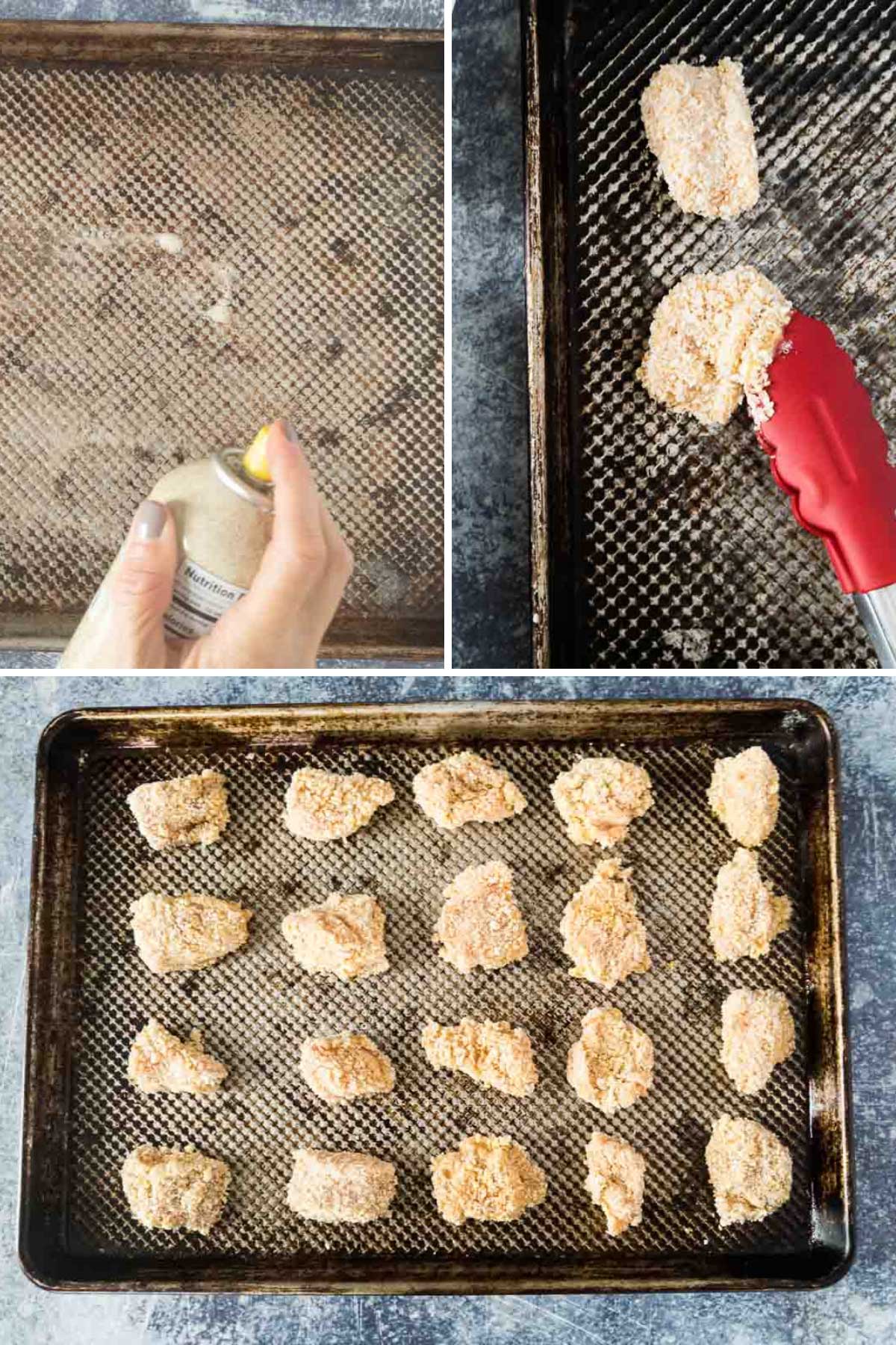 Chicken nuggets on a greased cookie sheet.