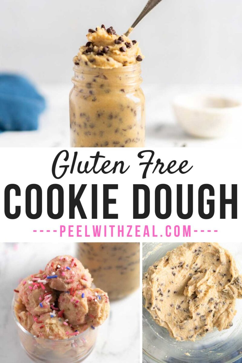 Chocolate chip cookie dough in a jar with a spoon.