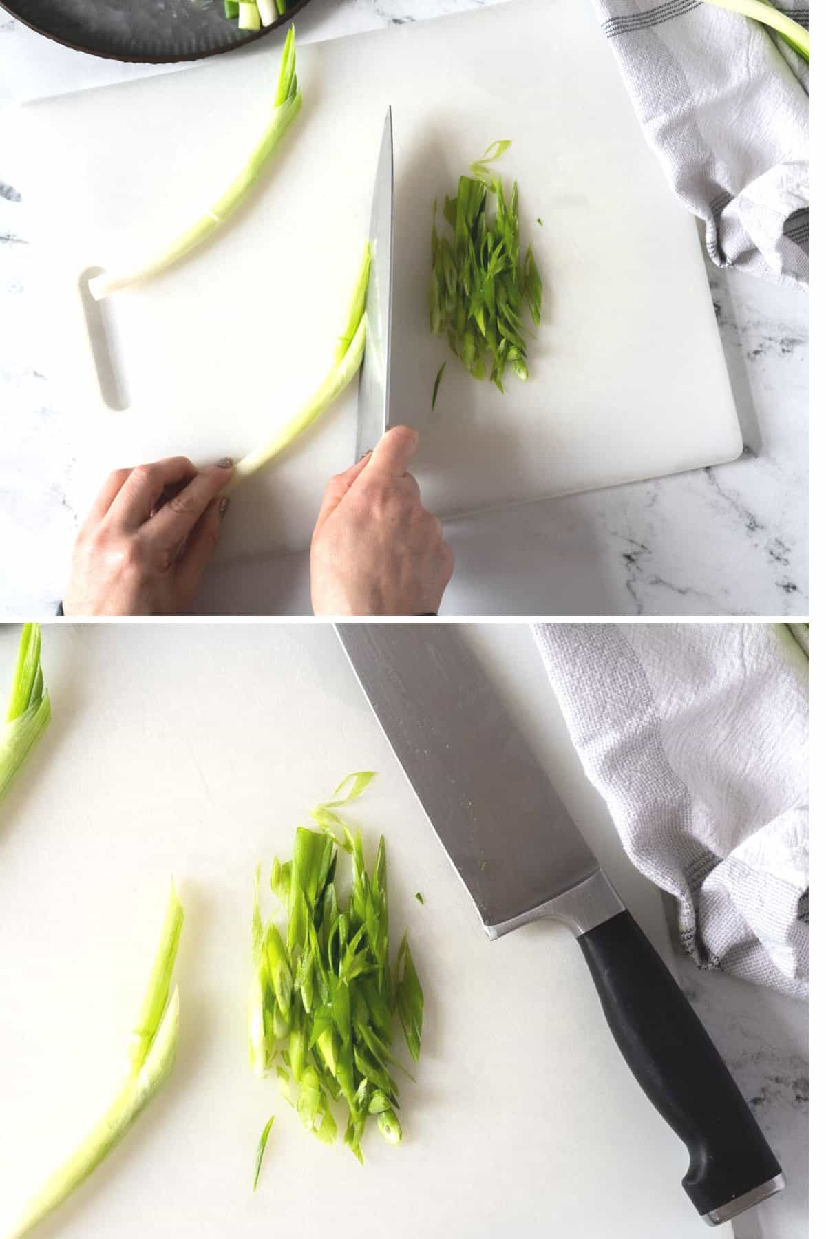 Slicing a scallion into thin strips.