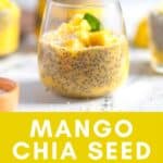 Mango chia seed pudding in a glass with coconut flakes.