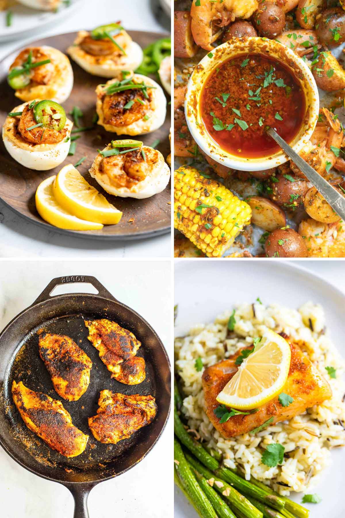 Collage of recipes using blackening seasoning.