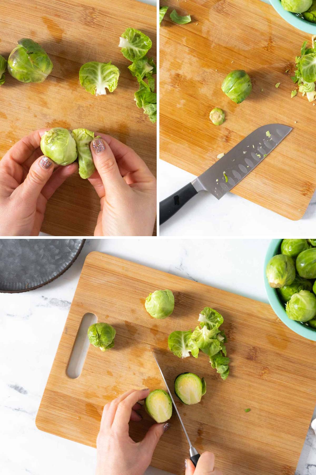 Person cleaning and trimming brussels sprouts before cooking.