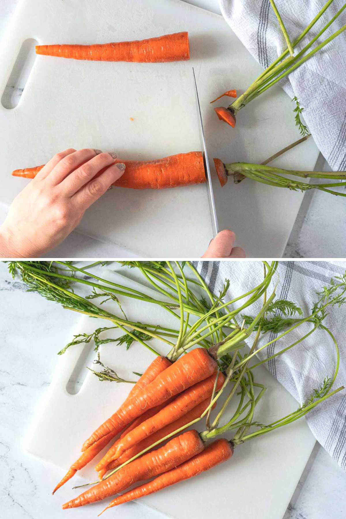 Trimming the top off of the carrots.