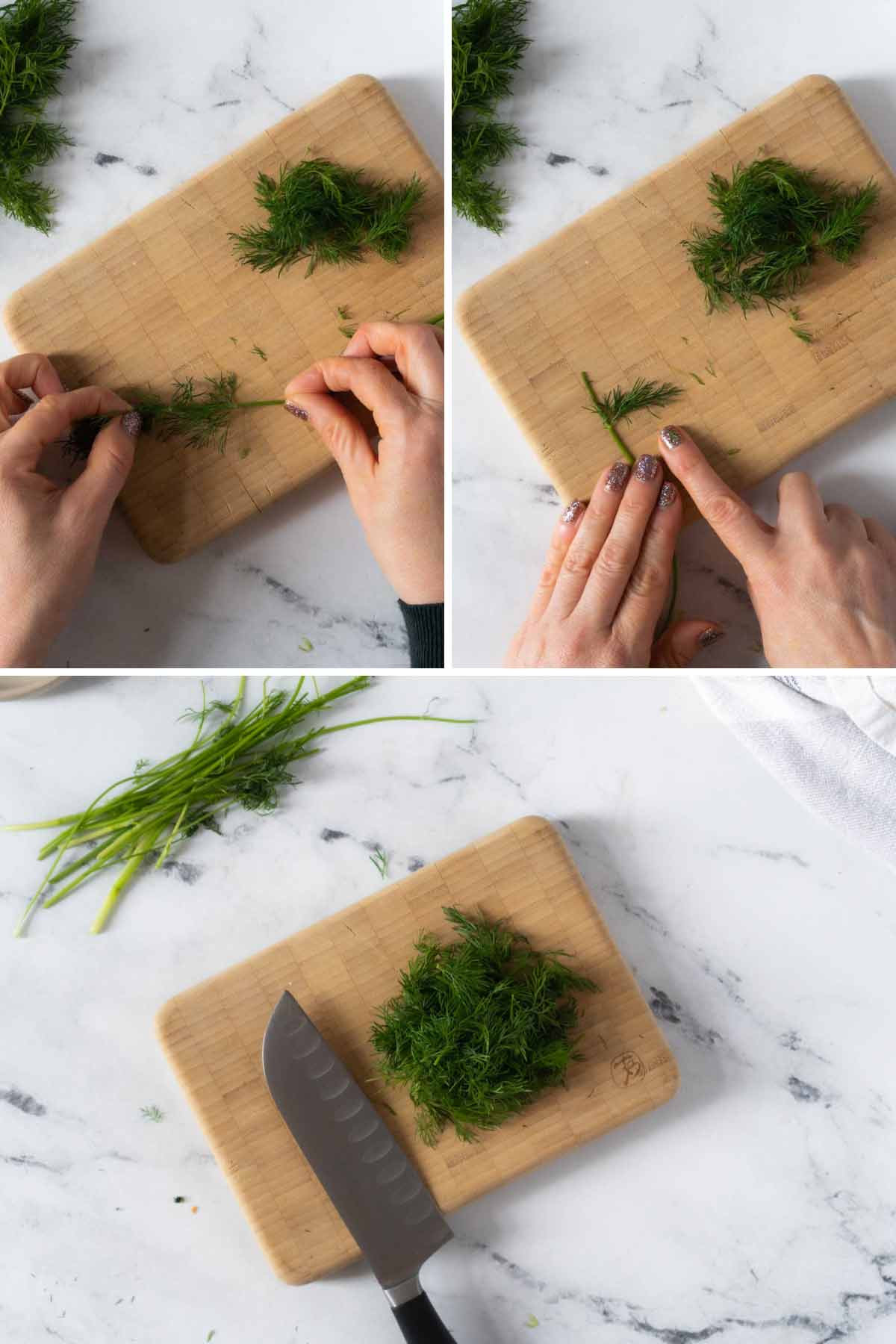 Removing dill fronds form stem.